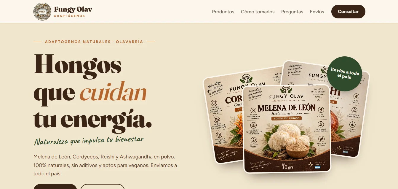 Portada del sitio de Fungy Olav: «Hongos que cuidan tu energía», con los envases de Melena de León, Cordyceps y Reishi